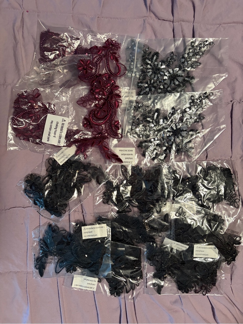 Weissman Black, Burgundy, Silver Lace and Sequin Appliqué Lot of 13